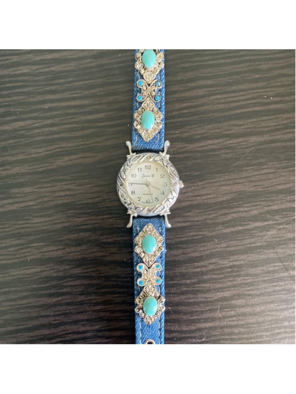 Jennie B Vintage denim banded watch with silver and turquoise detailing and whit